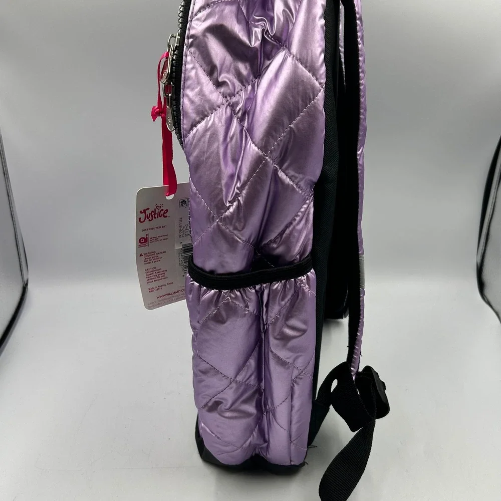 Justice Backpack Purple Girls Metallic Quilted Puffer NWT 13 W x 17 T x 3 D in